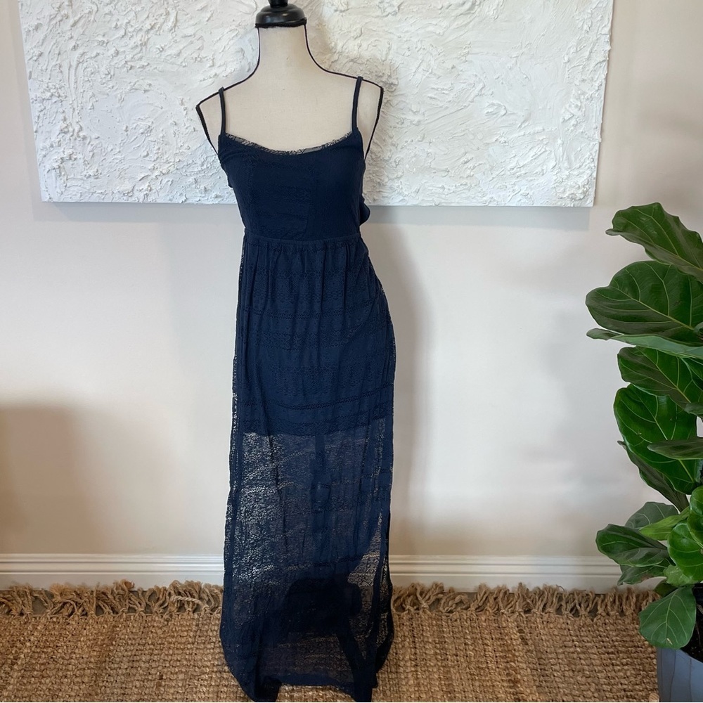 Hollister Navy Blue Lace Maxi Dress with Leg Slit and Tie Back Sz XS NWT.